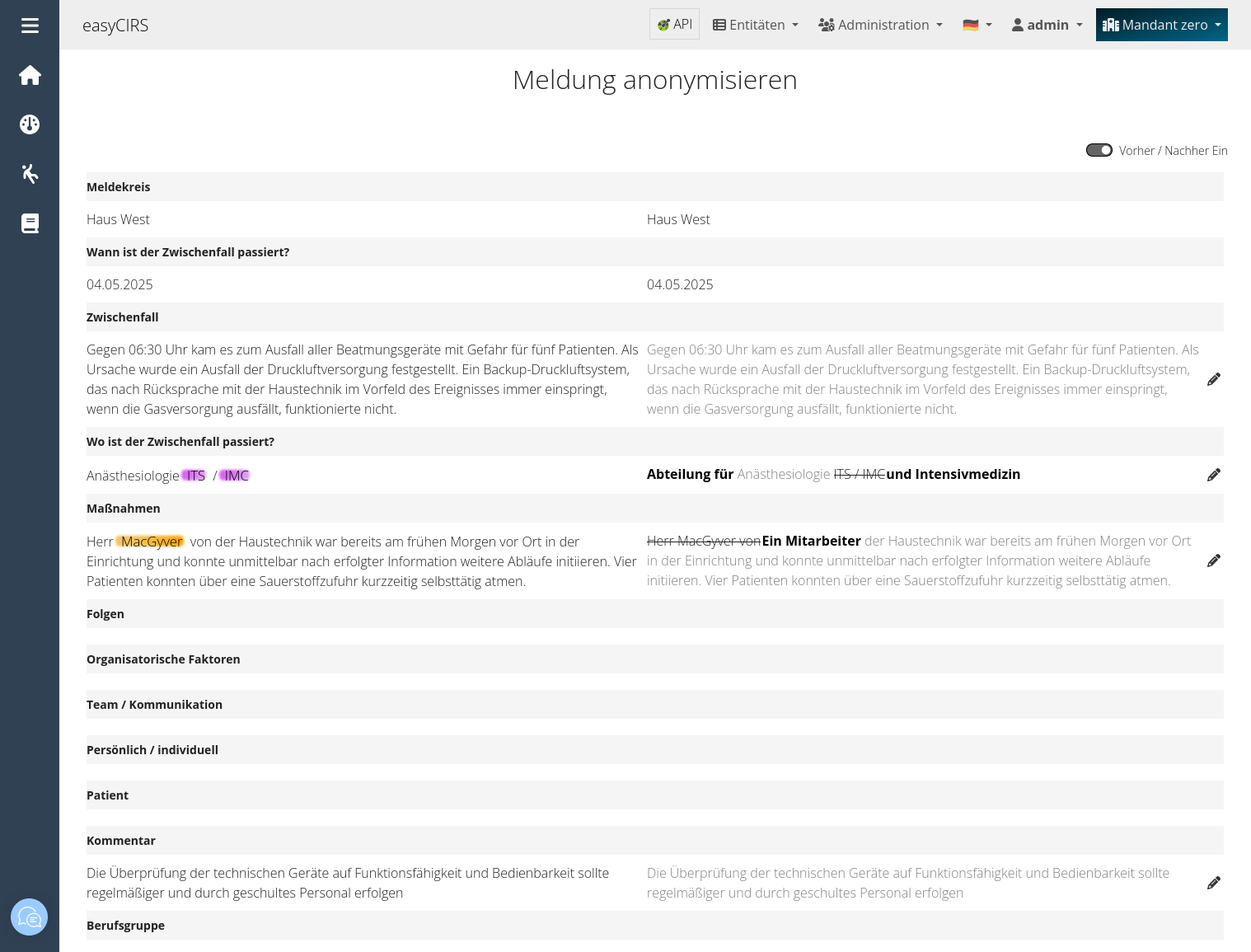 easyCIRS Screenshot Anonymisieren