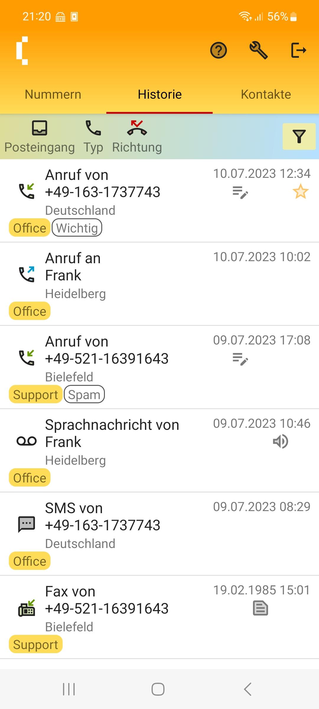 SipGator Screenshot Kopfzeile