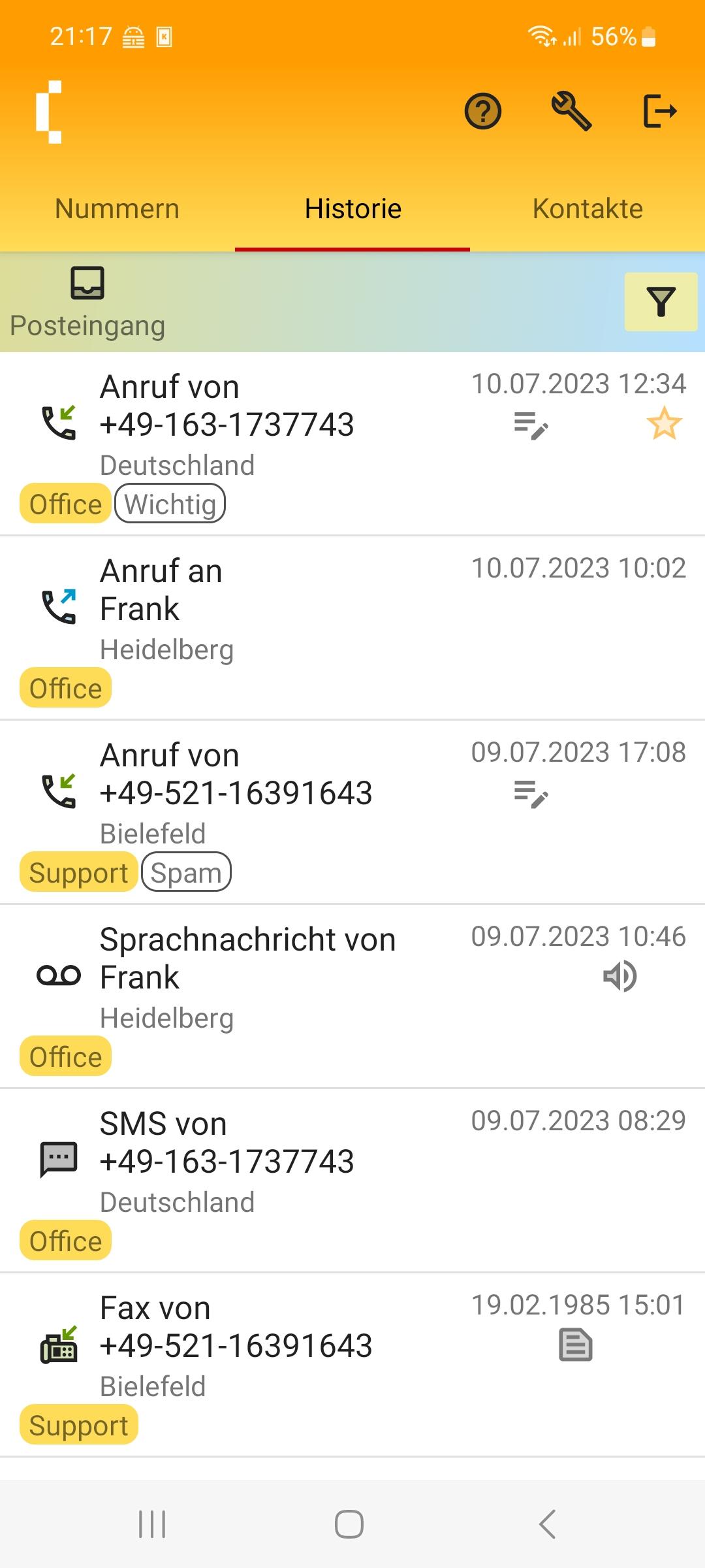 SipGator Screenshot Nummern