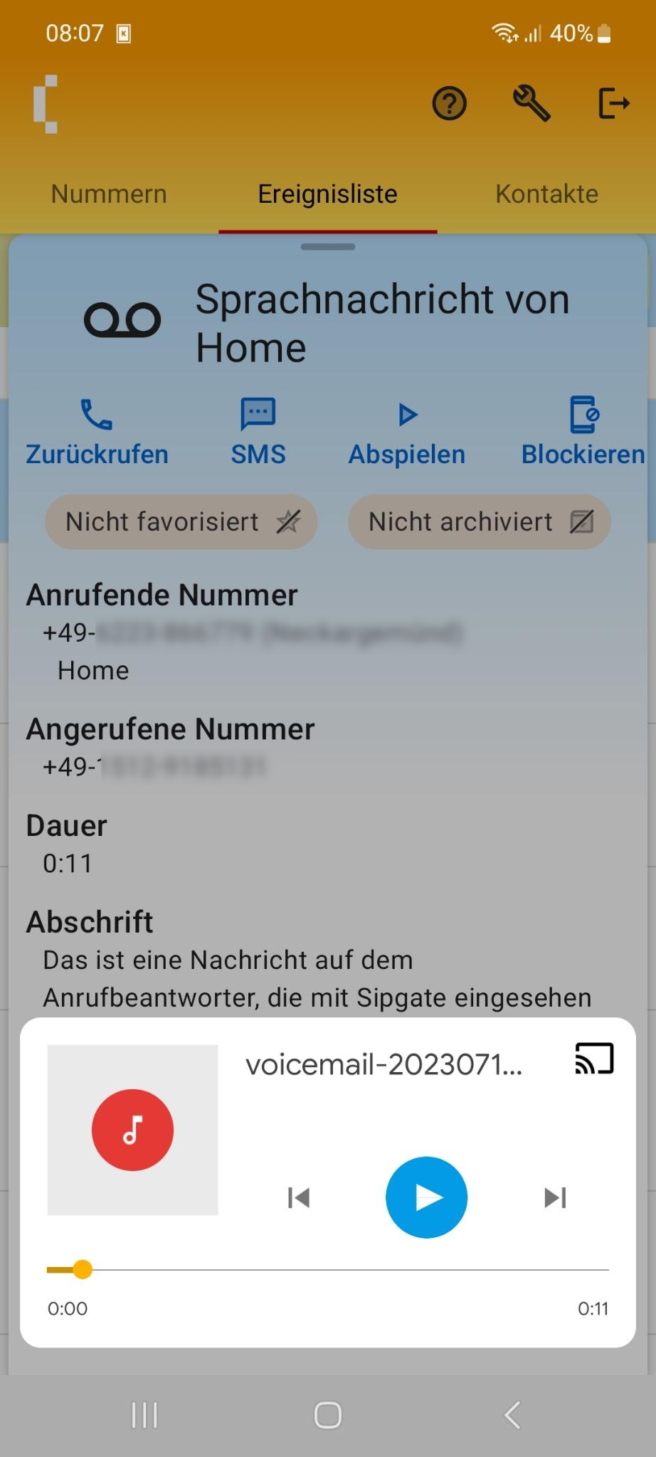 SipGator Screenshot Sprachnachrichten