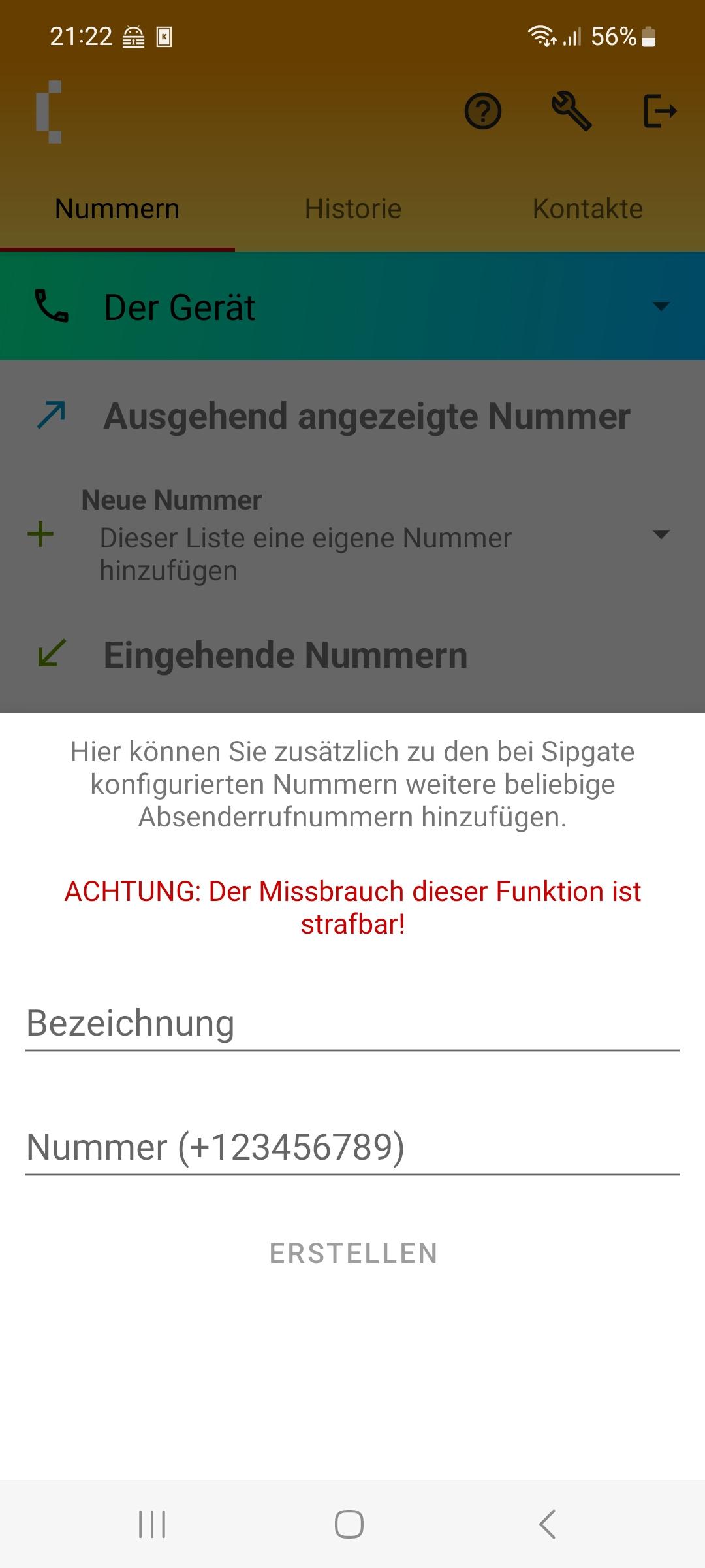 SipGator Screenshot - Neue Nummer